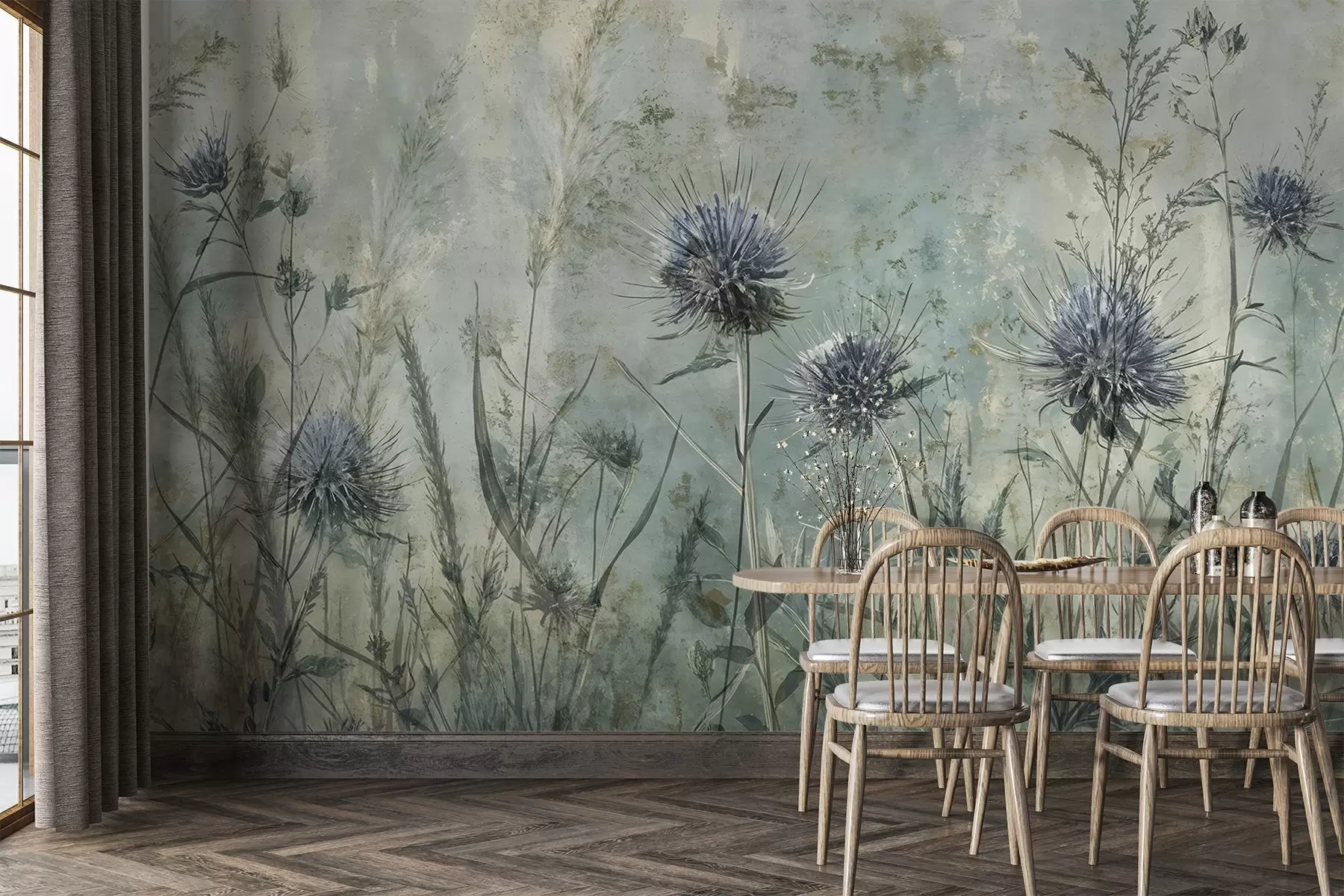 fototapet Un câmp de flori de ciulin purpuriu cu flori neclare și frunze în fundal textural de epocă w08463