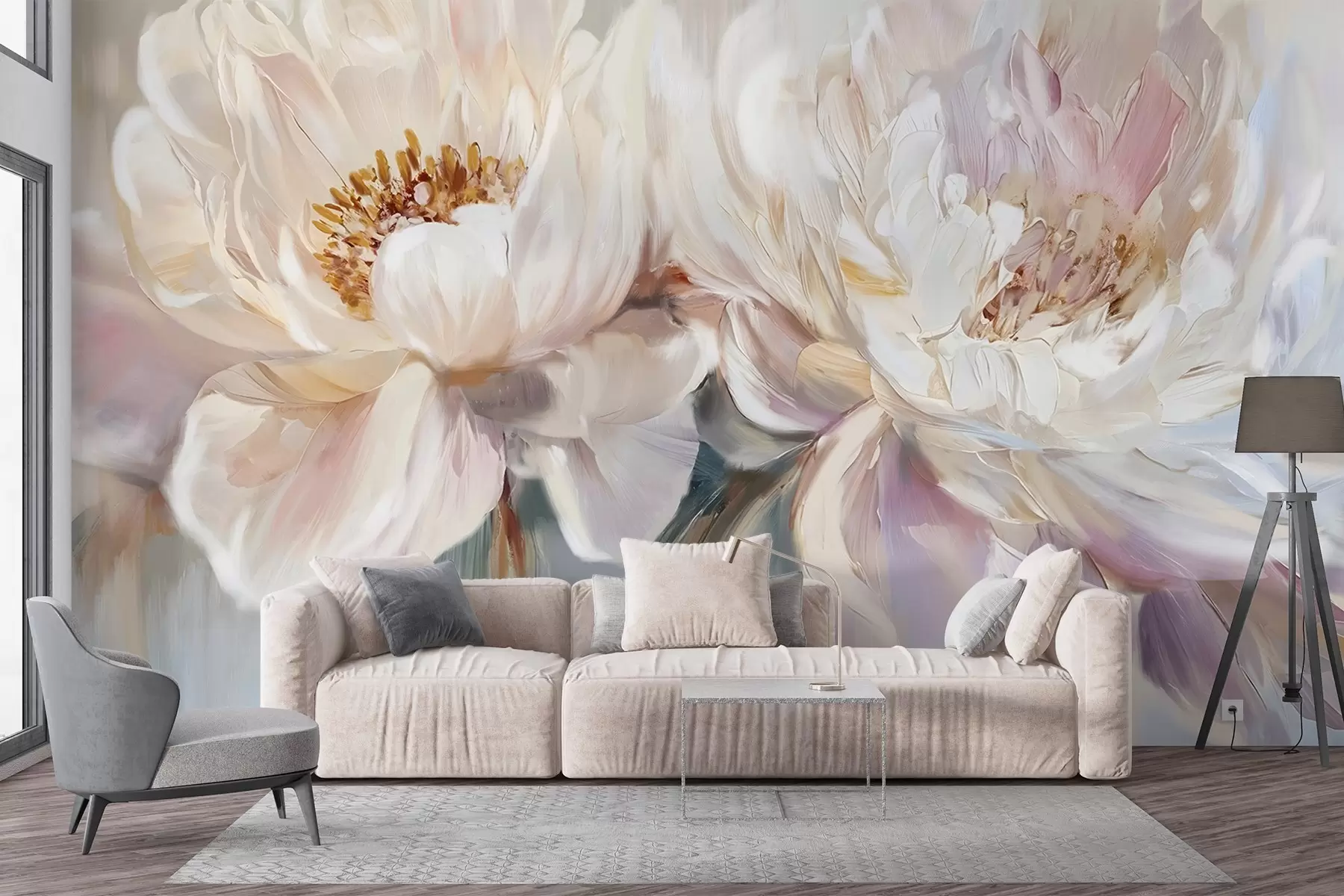 fototapet Bujori moi, delicate, albe și roz pastel cu petale luxuriante pe un fundal de imitație de pictură neclară w08466