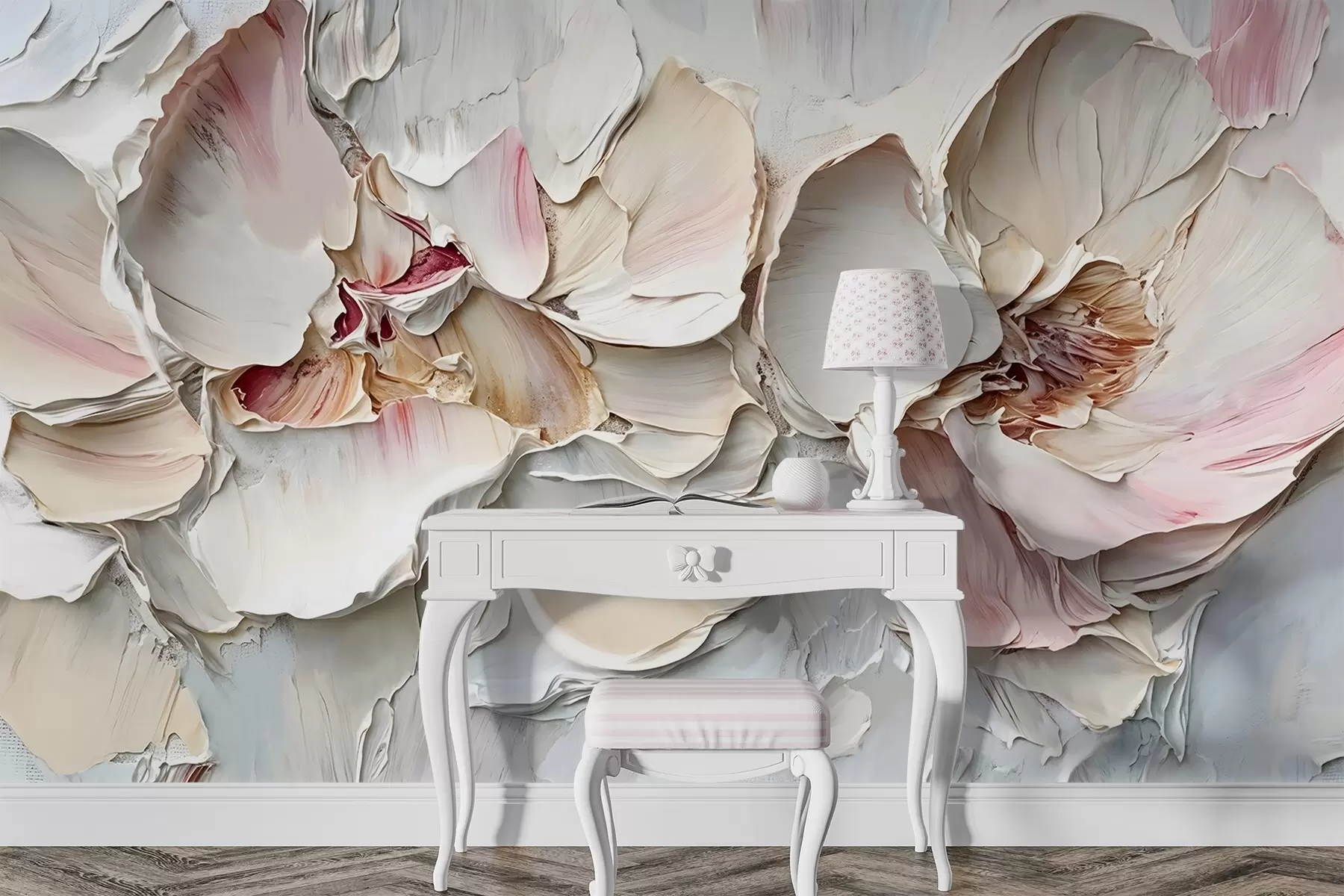 fototapet Flori delicate, roz pal, cu petale moi, stratificate, pe un fundal surd, texturat impasto imitație pictură în ulei w08467