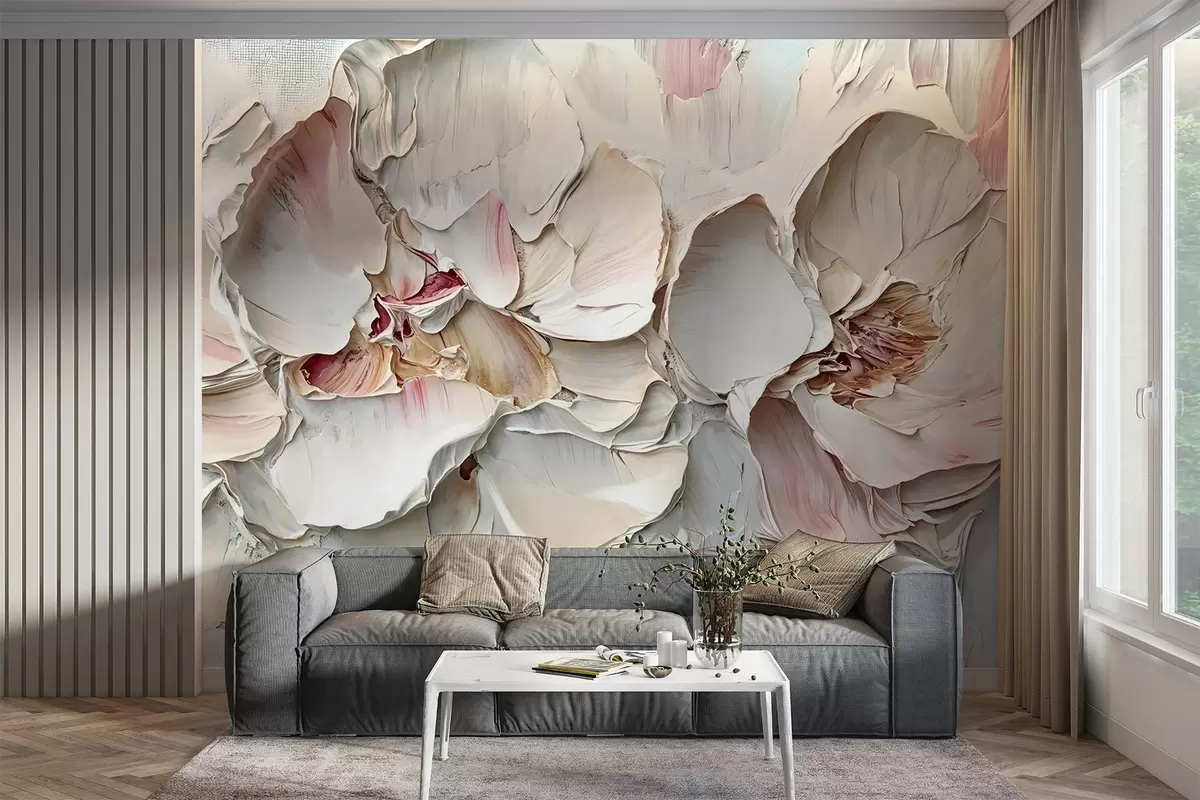 fototapet Flori delicate, roz pal, cu petale moi, stratificate, pe un fundal surd, texturat impasto imitație pictură în ulei w08467