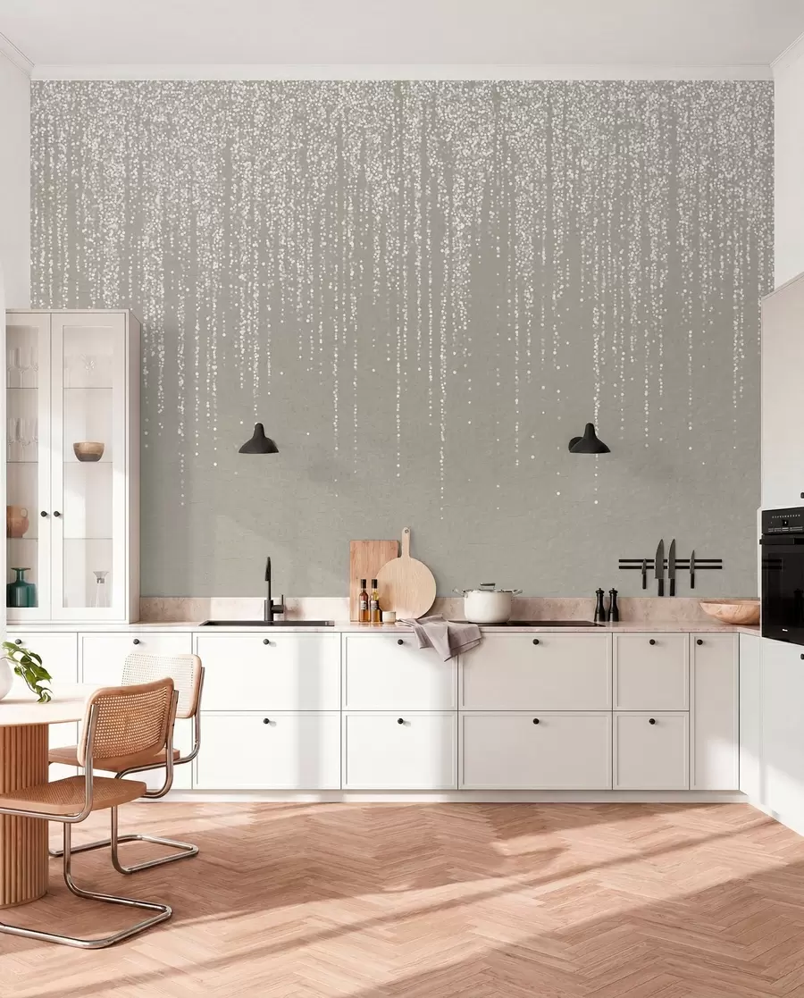 fototapet O imprimare elegantă verticală de ghirlandă punctată pe un fundal texturat bej, creând un sentiment de profunzime și mișcare w08470