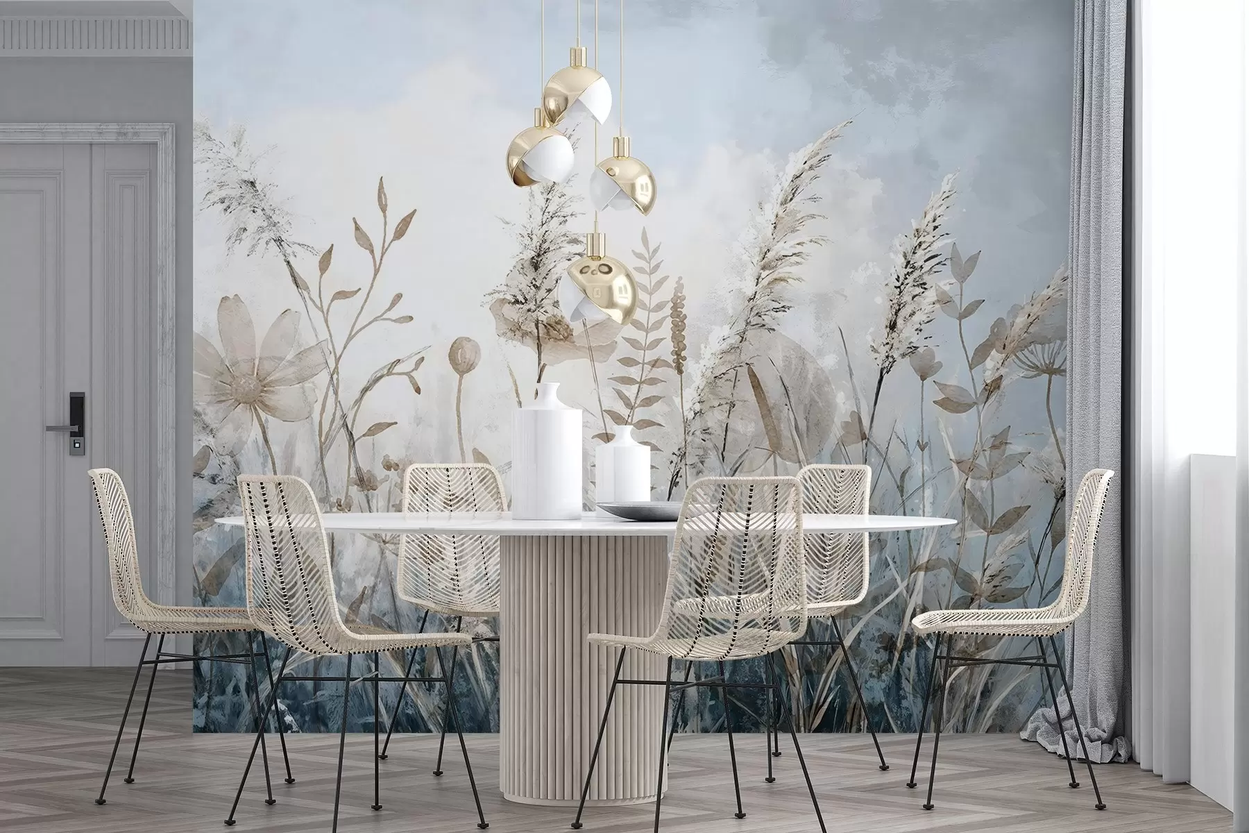 fototapet Un câmp de iarbă înaltă, frunziș natural și plante cu texturi moi, rarefiate, pe un cer cețos, acoperit de nori w08472