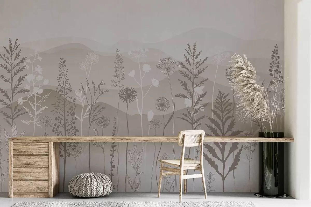 fototapet tapet în stil eco, flori sălbatice în tonuri de maro deschis w02443v1