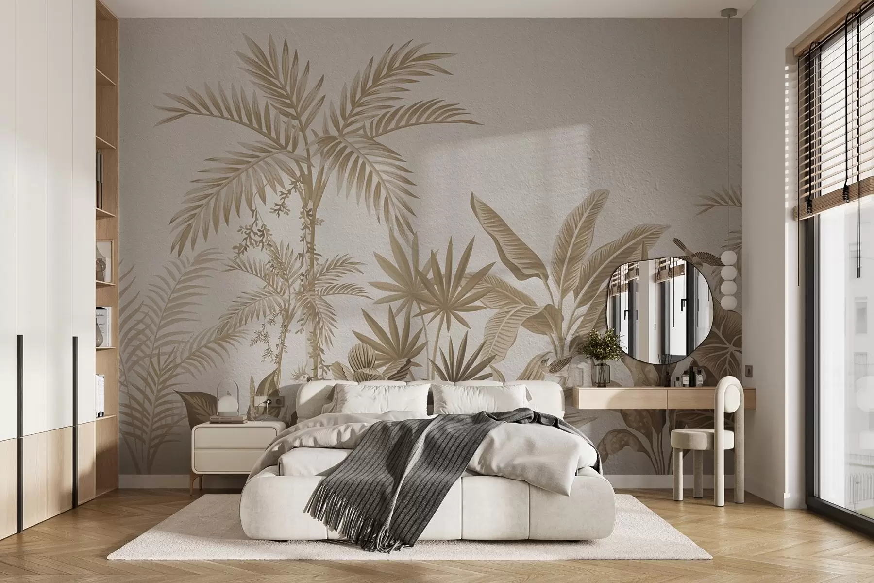 fototapet Junglă tropicală cu palmieri și păsări în tonuri sepia w08496v1