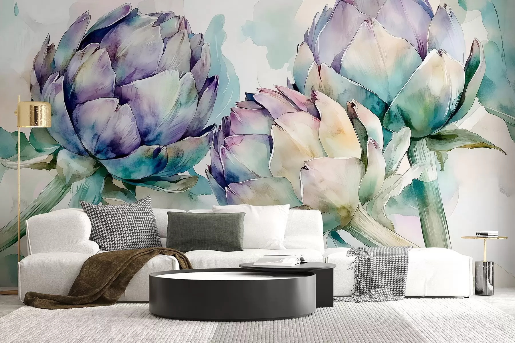 fototapet Anghinare stil acuarelă, flori, roz și verde w02481v1