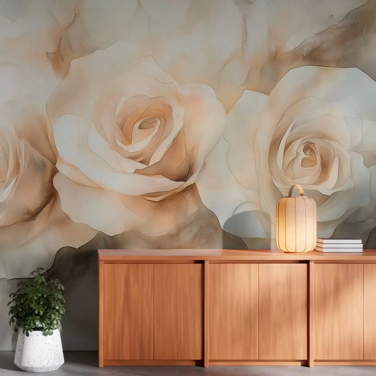 fototapet Trandafiri frumoși, stil acuarelă, culori bej, boem w02492