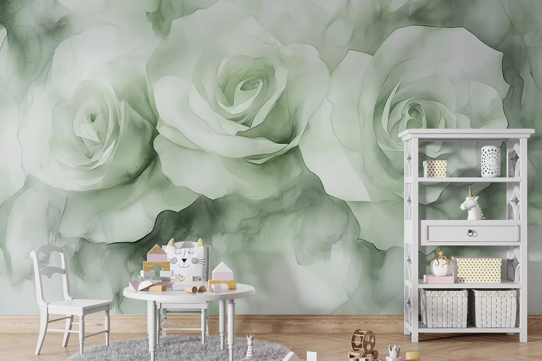 fototapet Trandafiri frumoși, stil acuarelă, culori verzi, boem w02492v2