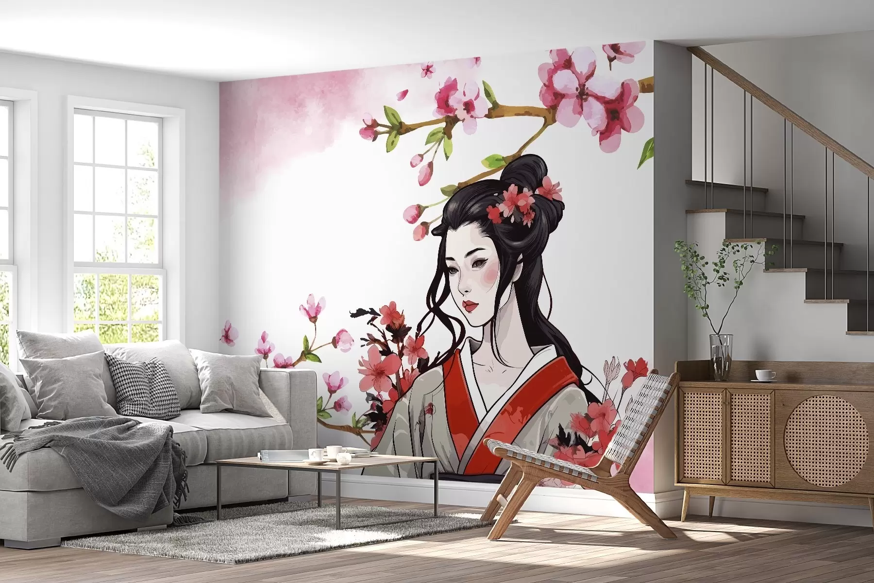 fototapet Fată în haine tradiționale și flori de cireș w02537