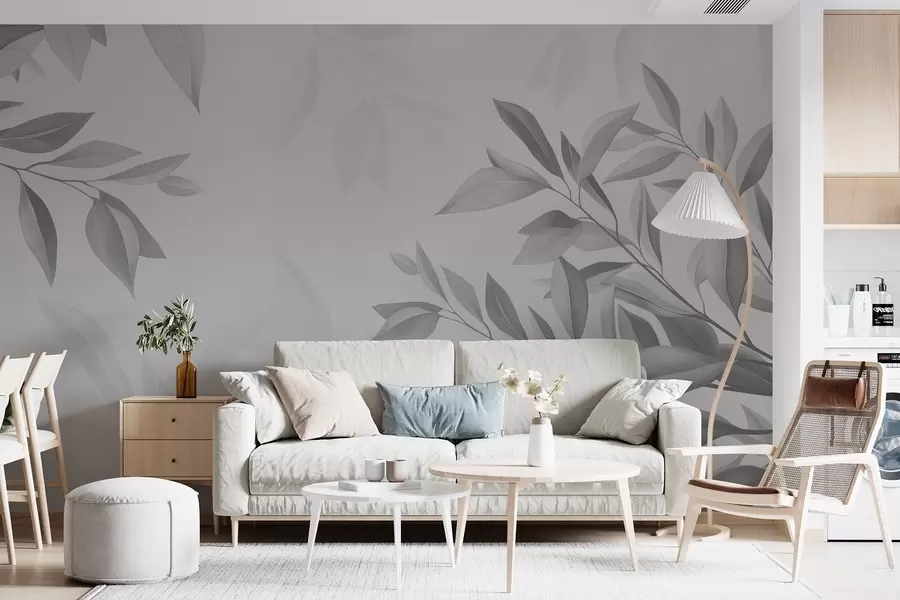 fototapet Ramuri gri cu frunze pe un fundal gri w08499v3