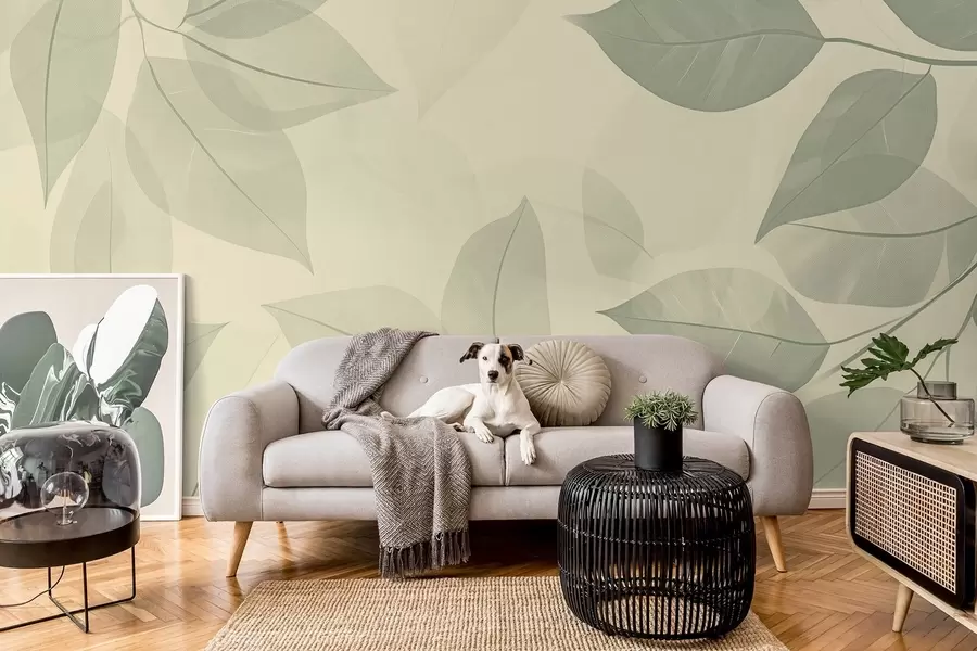 fototapet Ramuri de frunze verzi pe un fundal bej moale w08502v2