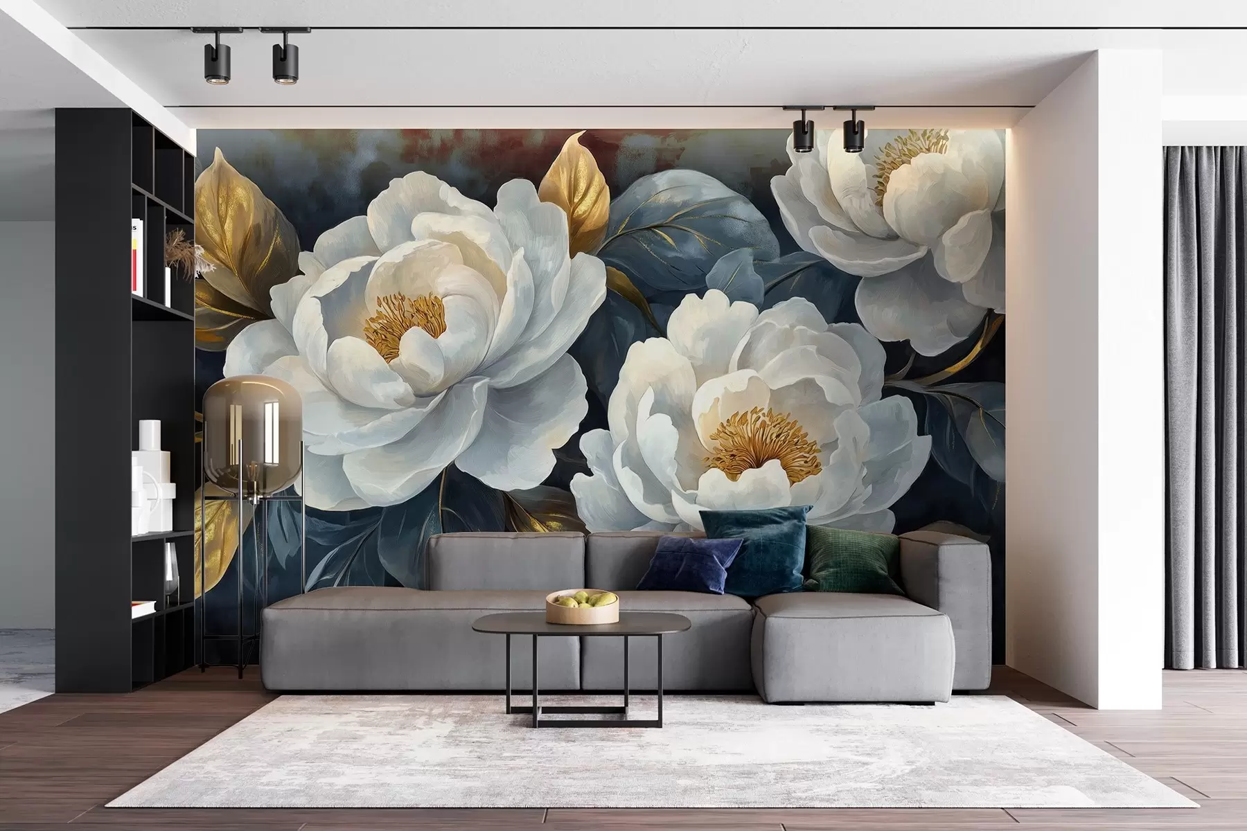 fototapet Bujori albe luxuriante pe un fundal albastru într-un stil pictural w02315