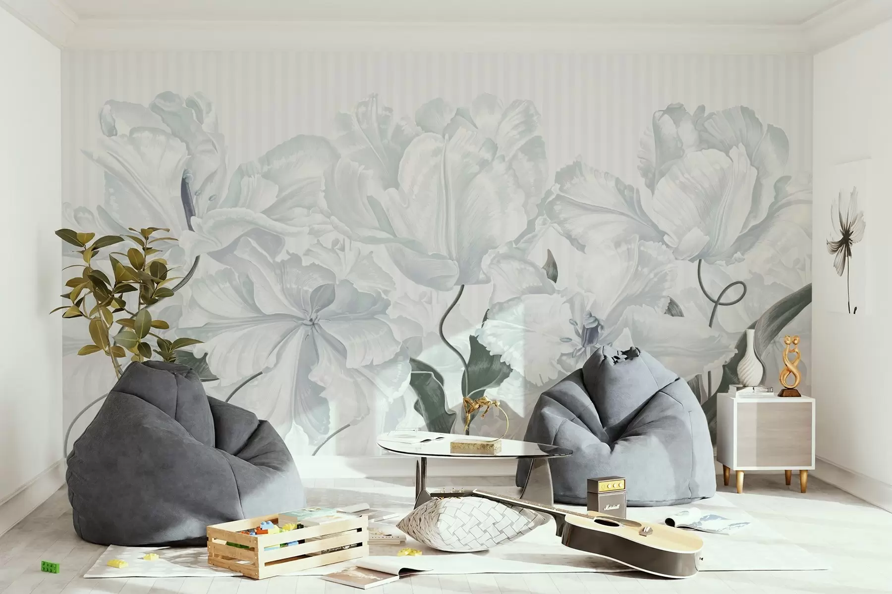 fototapet flori gri delicate pe un fundal cu dungi w02565v1