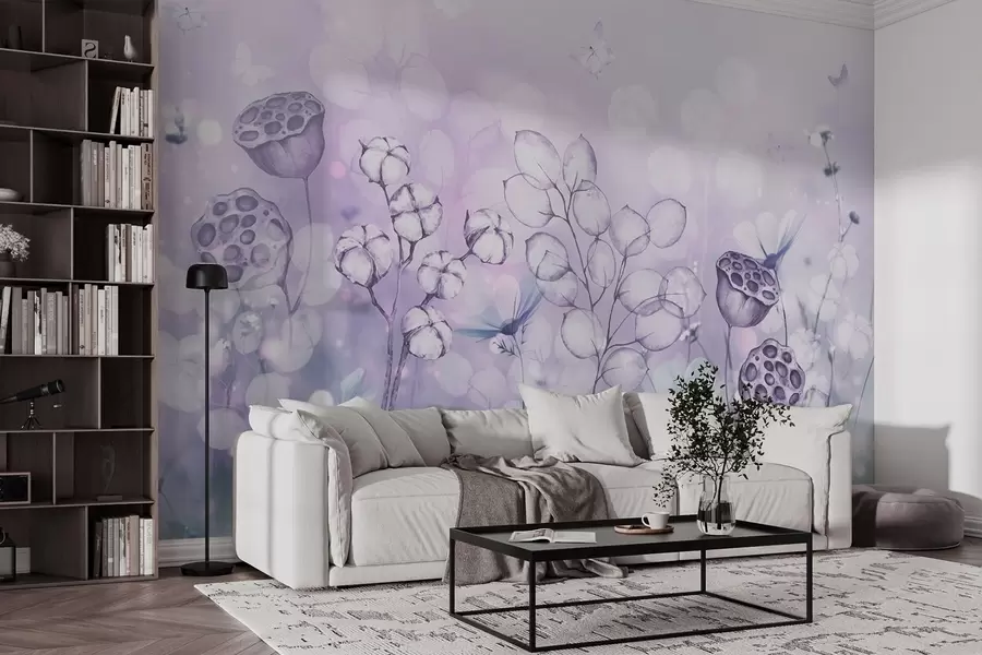 fototapet Grădină de flori visătoare, fluture, flori de bumbac, lotusuri, culori mov w02516v1