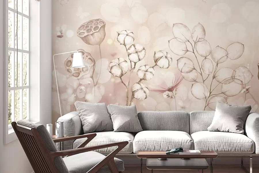 fototapet Grădină de flori visătoare, fluture, flori de bumbac, lotus, culori bej w02516v3