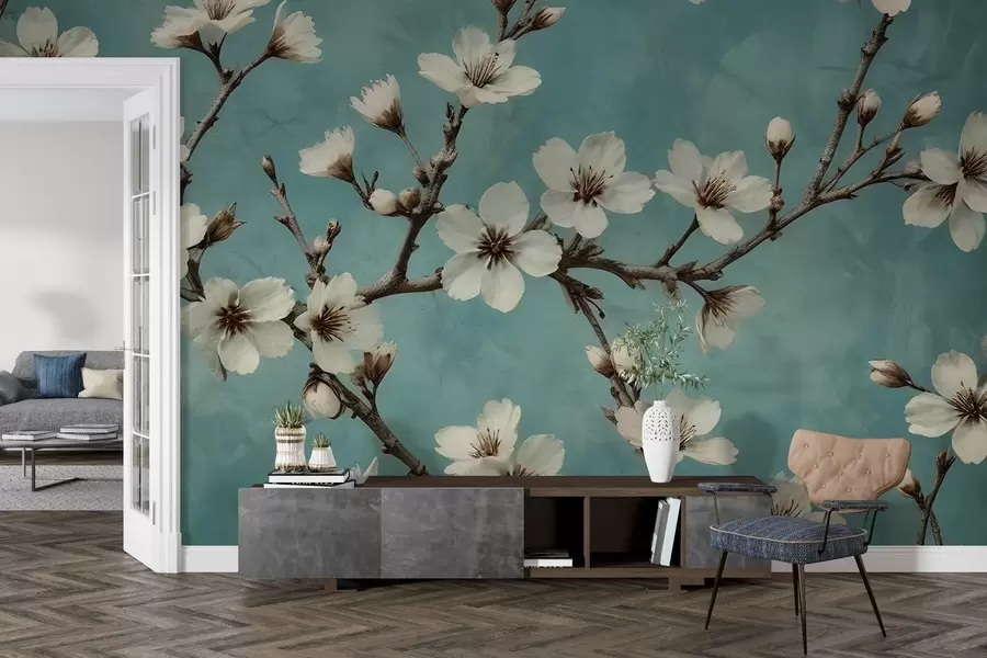 fototapet Ramuri înflorite pe un fundal de beton w02610