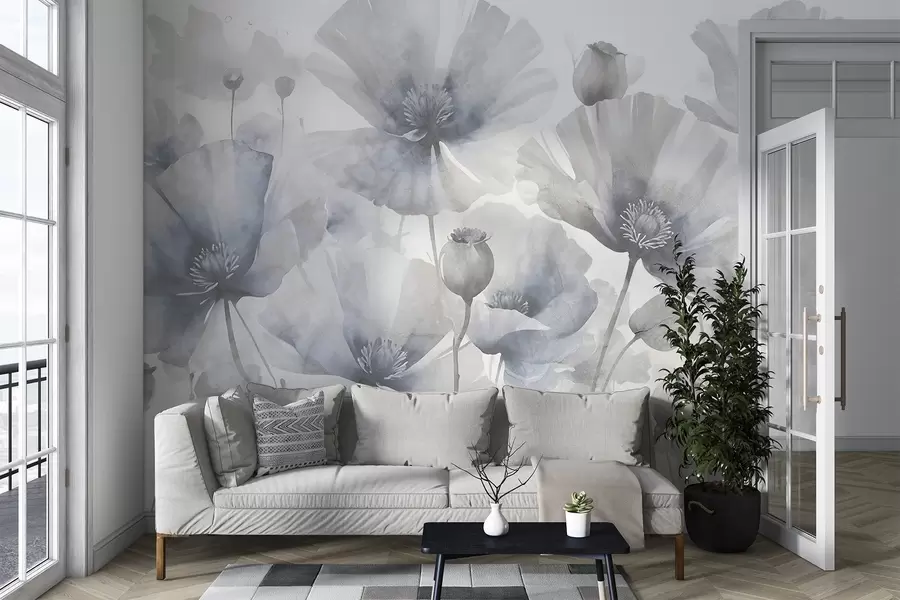 fototapet Delicate texturale grunge gri și flori albe cu petale moi, neclare pe un fundal alb w08526