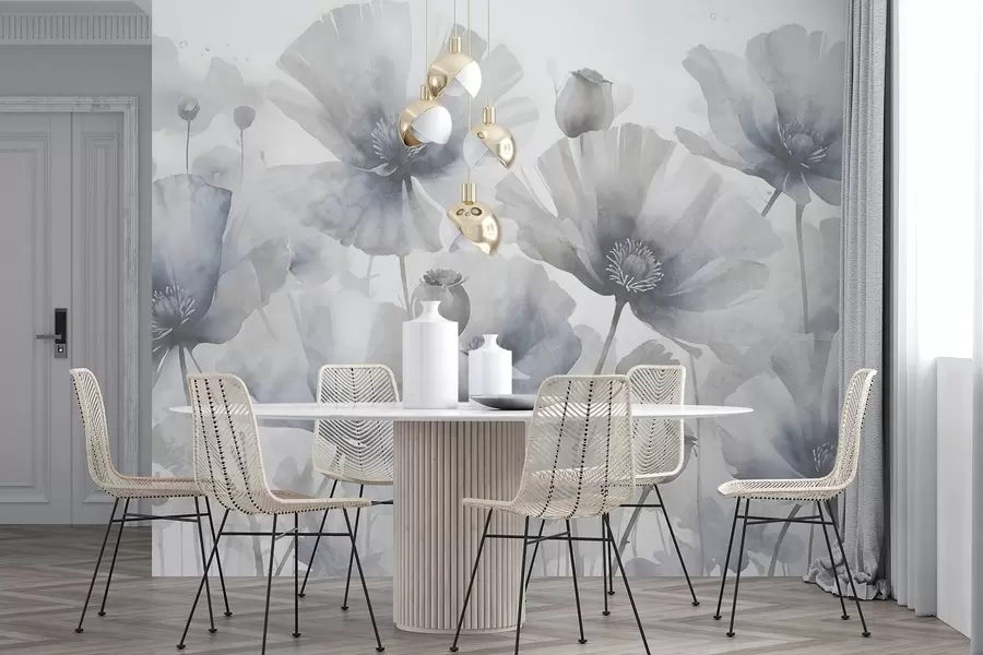 fototapet Delicate texturale grunge gri și flori albe cu petale moi, neclare pe un fundal alb w08526