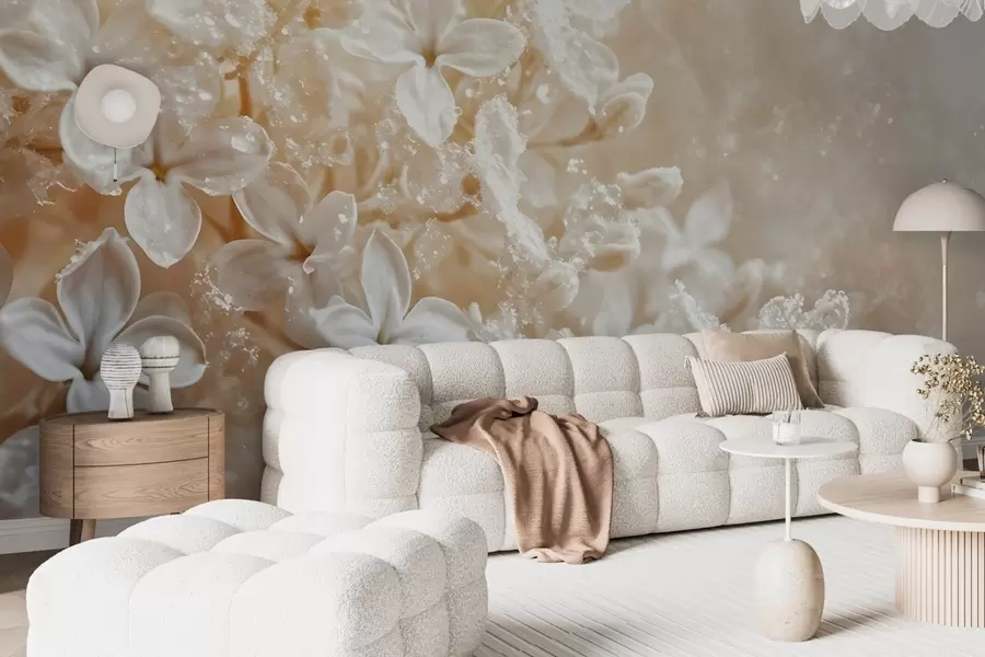 fototapet Delicate flori albe de liliac cu fundal blurat galben, moale w08533