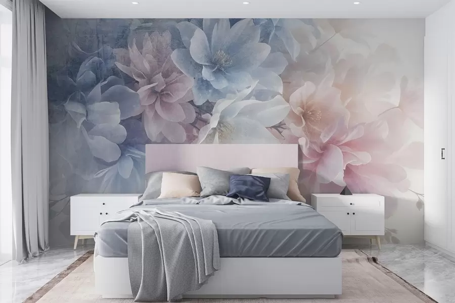 fototapet Aranjament floral textural moale, în culori pastelate, cu flori mari, delicate, în nuanțe de roz, albastru și alb w08535
