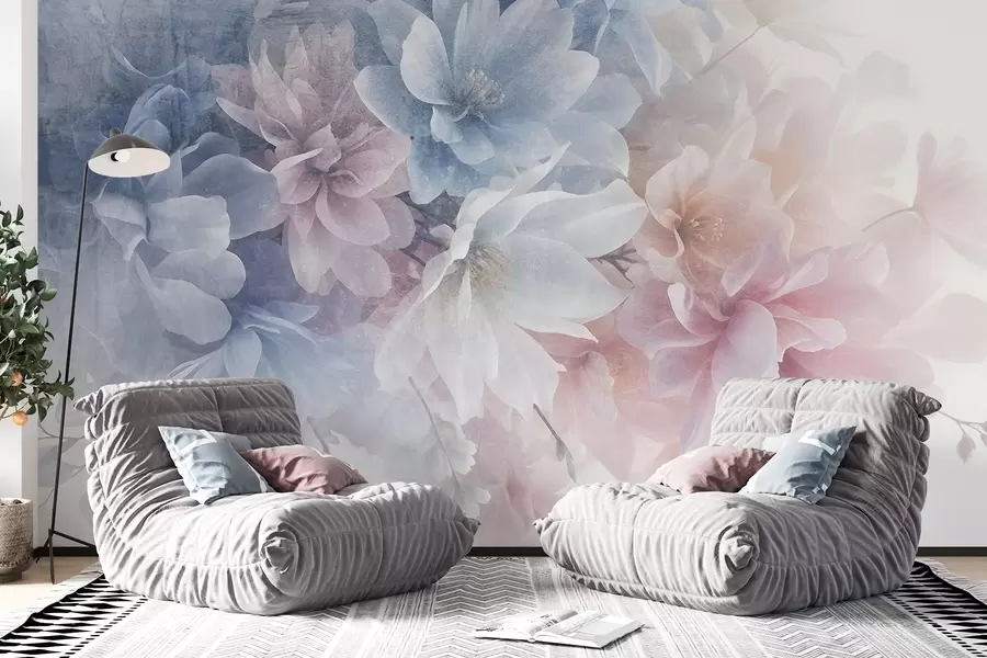 fototapet Aranjament floral textural moale, în culori pastelate, cu flori mari, delicate, în nuanțe de roz, albastru și alb w08535