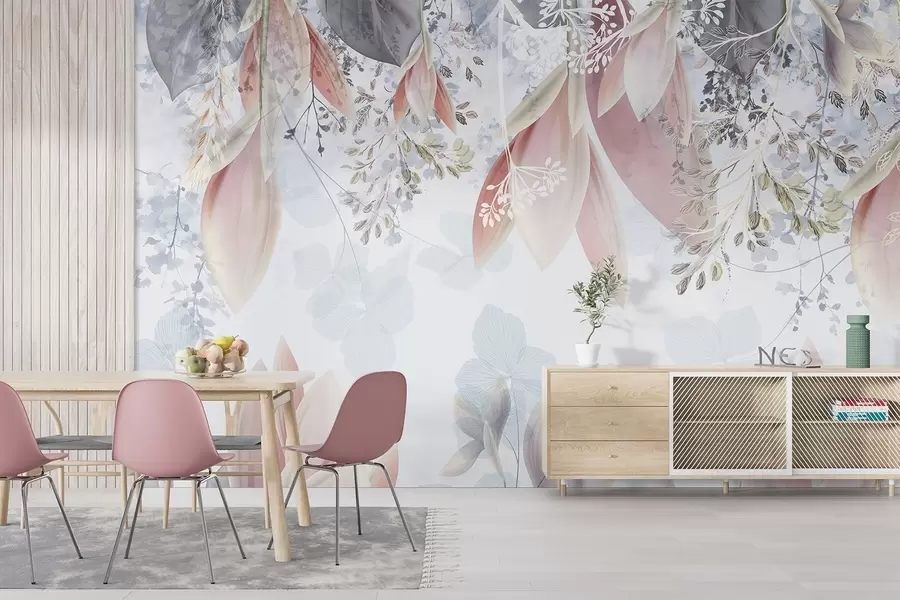 fototapet Imprimeu floral moale, în culori pastelate, cu petale delicate și frunze în nuanțe de roz, alb și gri w08538