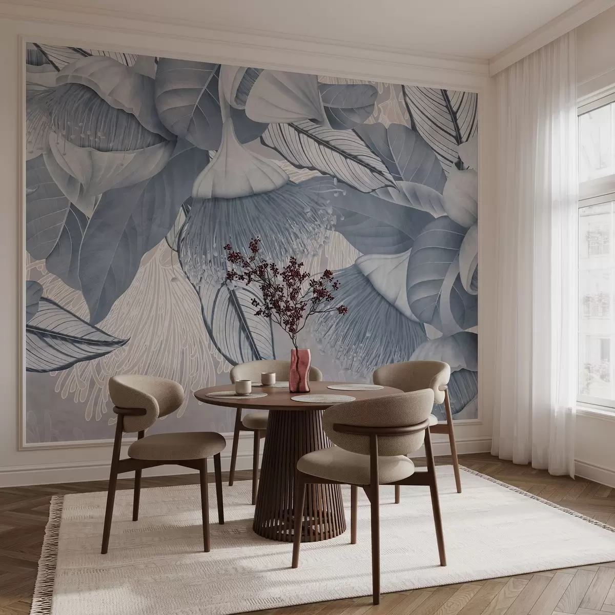 fototapet Ilustrație botanică de flori mari, eucaliptus albastru cu stamine lungi pe un fundal gri și alb w08539v1