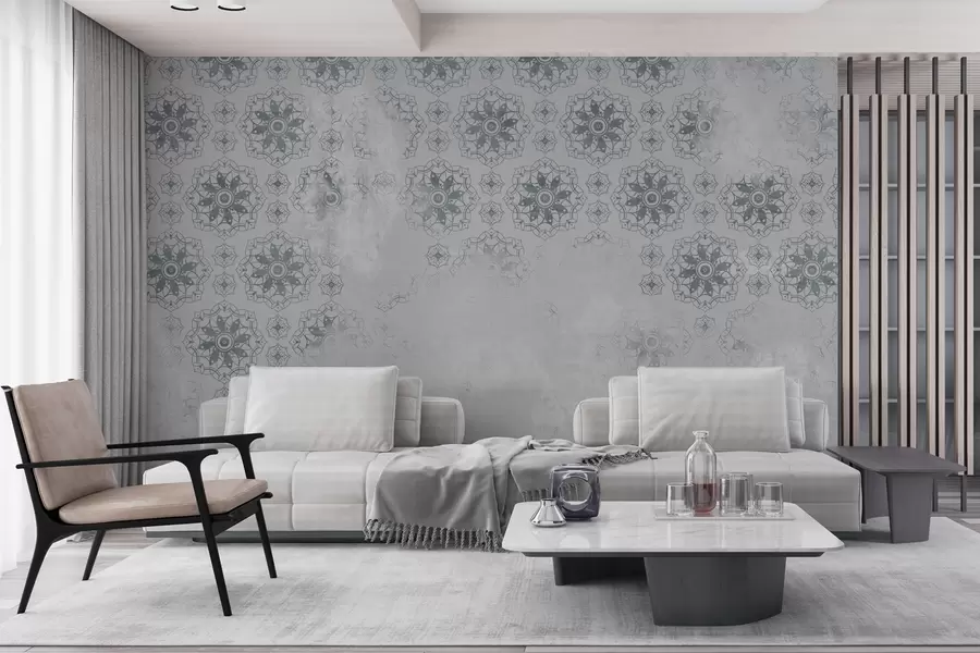 fototapet Design vintage cu elemente mandala și efect de deteriorare în gri deschis w02551v2