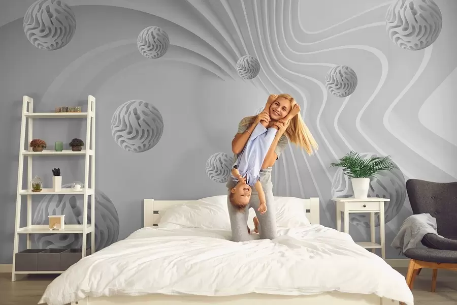 fototapet abstracție gri 3D cu sfere și efect de adâncime w08553