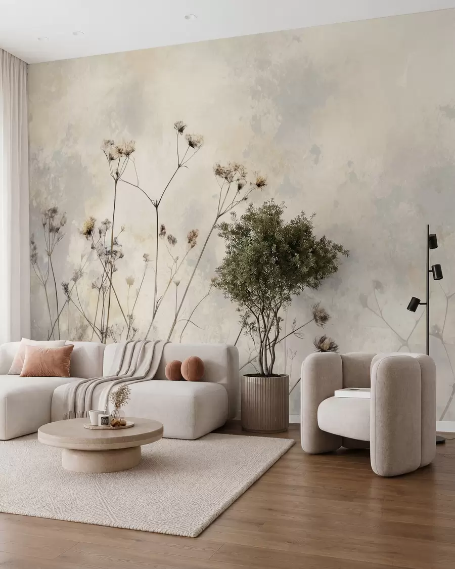 fototapet tapet în stil eco cu plante sălbatice în culori pastelate w02684