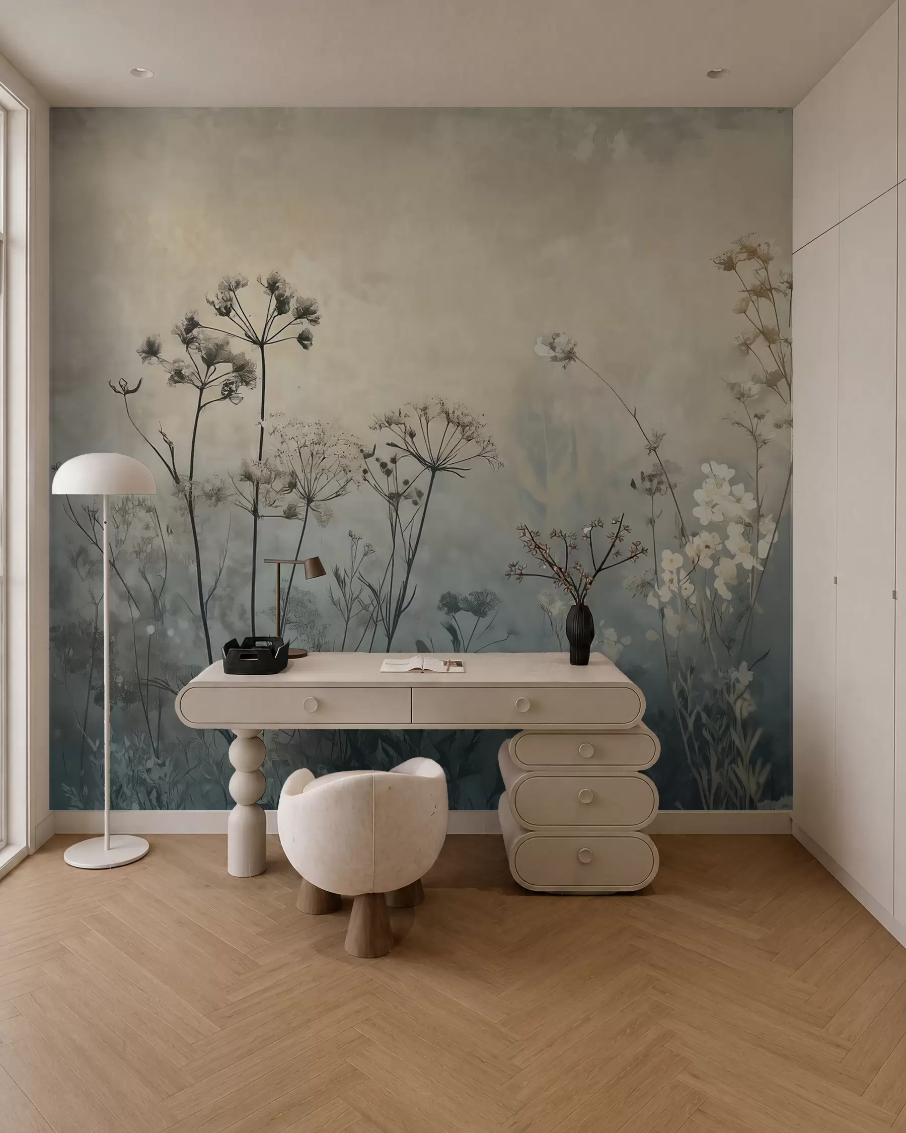 fototapet tapet în stil ecologic cu flori sălbatice și plante pe un fundal texturat w02685