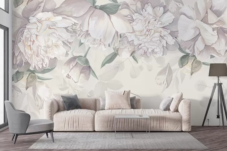 fototapet Bujori delicate albe și roz pastelate cu frunze verzi, aranjate într-un fundal floral moale, romantic w08577