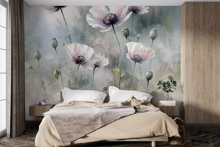 fototapet Delicate maci roz și violet cu tulpini verzi și muguri pe un fundal moale, blurat texturat w08585