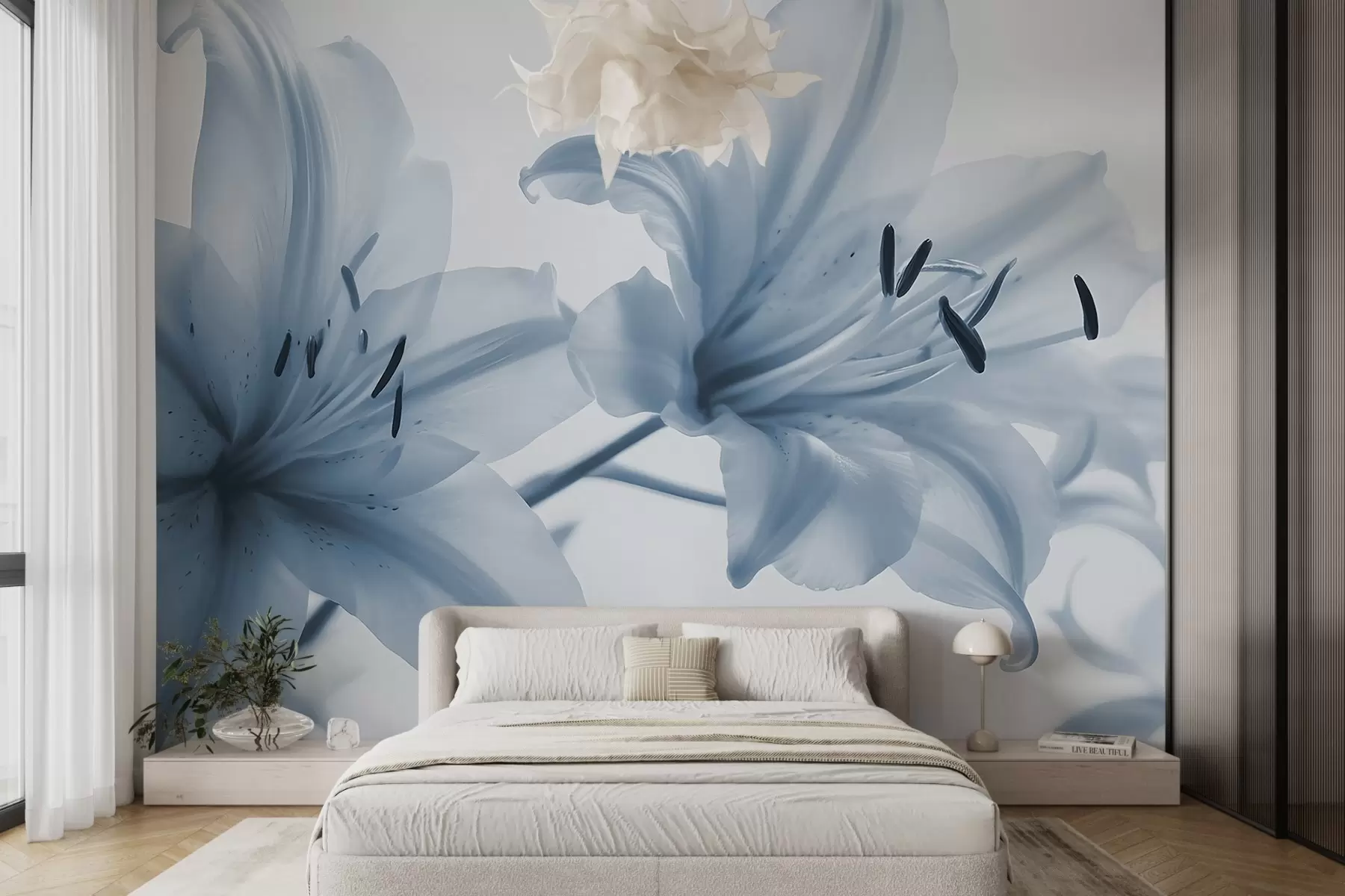 fototapet Soft focus close-up de albastru minimalist flori de crin pe un fundal luminos w08586