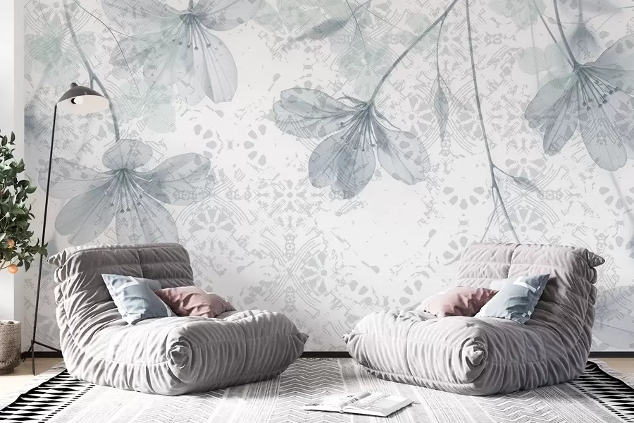 fototapet Flori delicate albastre și albe cu tulpini lungi și petale pe un fundal textural blând, neclar w08588