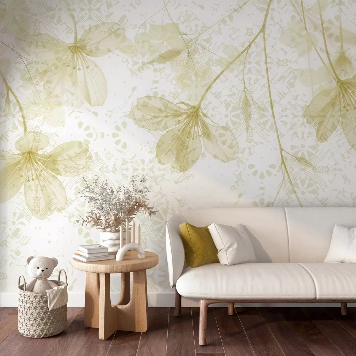 fototapet Flori delicate galbene și albe cu tulpini lungi și petale pe un fundal textural blând, neclar w08588v2