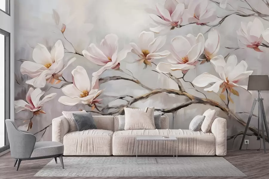 fototapet Delicate flori de magnolie roz care înfloresc pe ramuri de copaci goale pe un fundal moale, cețos w08589