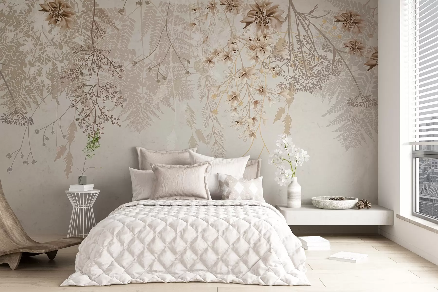 fototapet Ramuri florale delicate și iarbă cu flori albe, gri și bej în cascadă pe un fundal deschis w08598