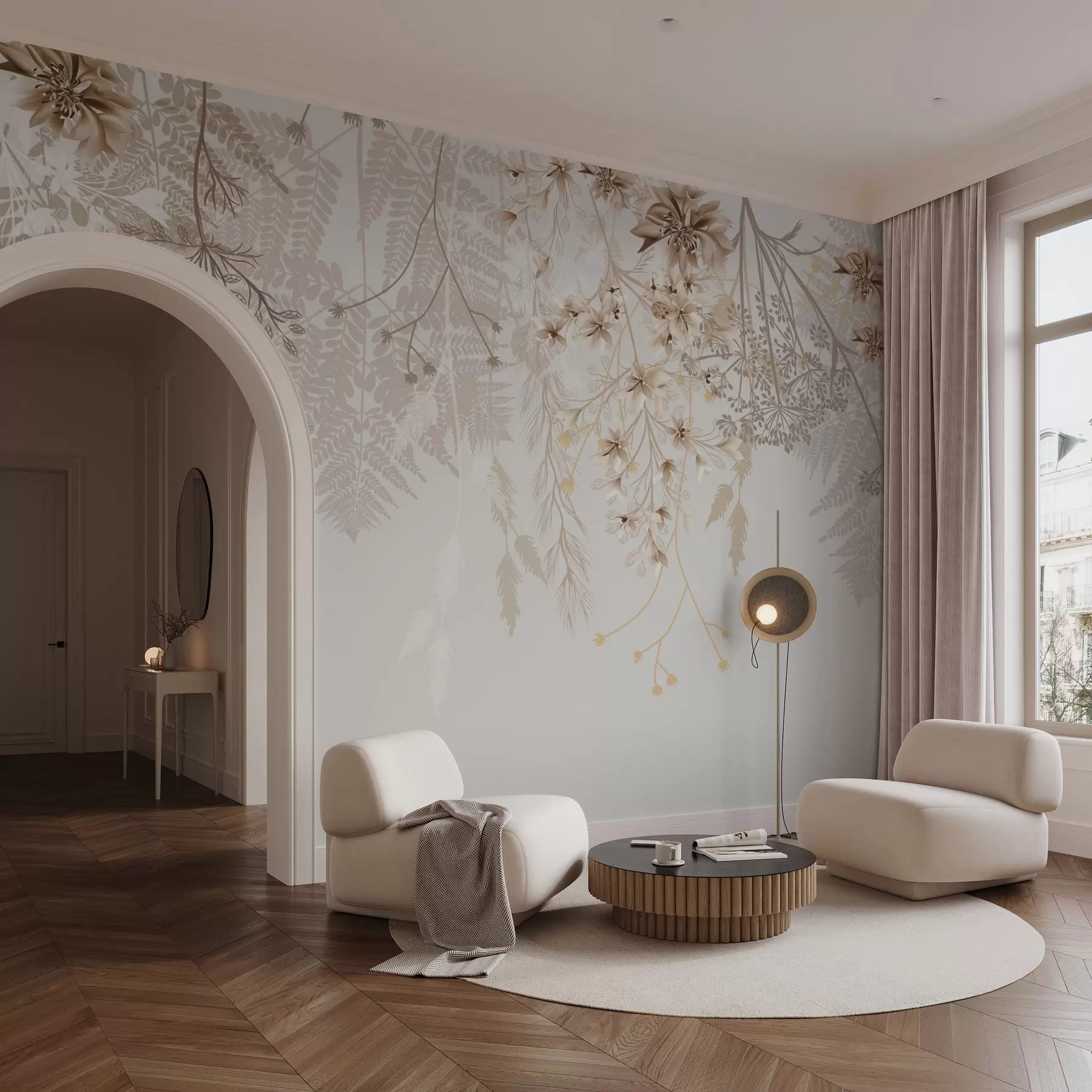 fototapet Ramuri florale delicate și iarbă cu flori albe, gri și bej în cascadă pe un fundal deschis w08598