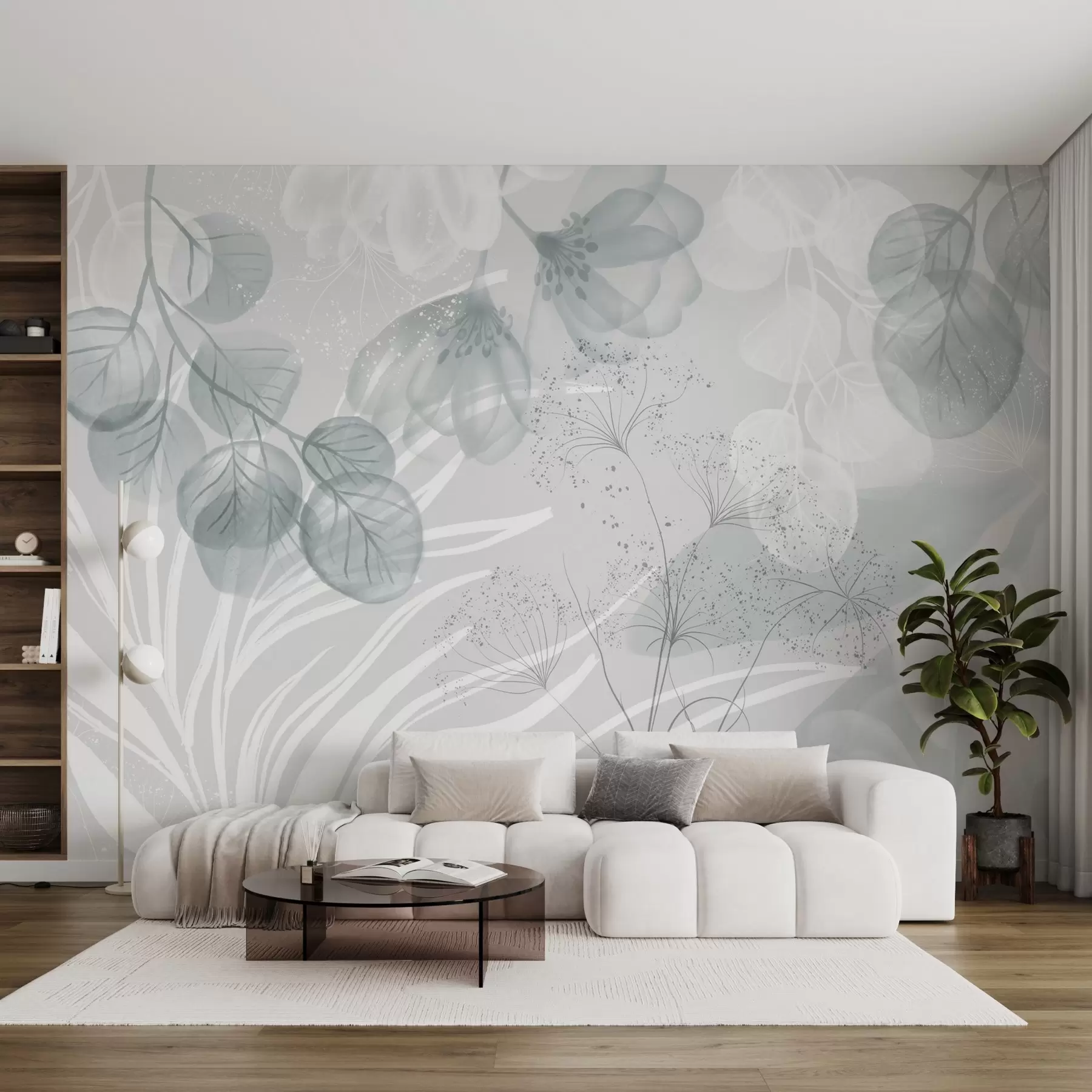 fototapet Elemente florale de eucaliptus în nuanțe de albastru și alb, cu frunze și petale suprapuse într-un stil minimalist w08599