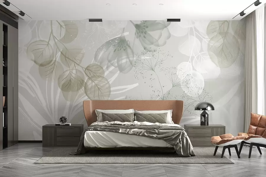 fototapet Elemente florale eucaliptus în nuanțe de verde și alb, cu frunze și petale suprapuse, în stil minimalist w08599v1