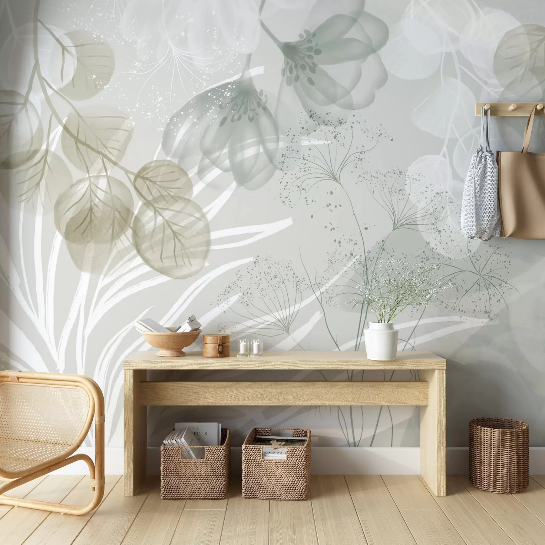 fototapet Elemente florale eucaliptus în nuanțe de verde și alb, cu frunze și petale suprapuse, în stil minimalist w08599v1