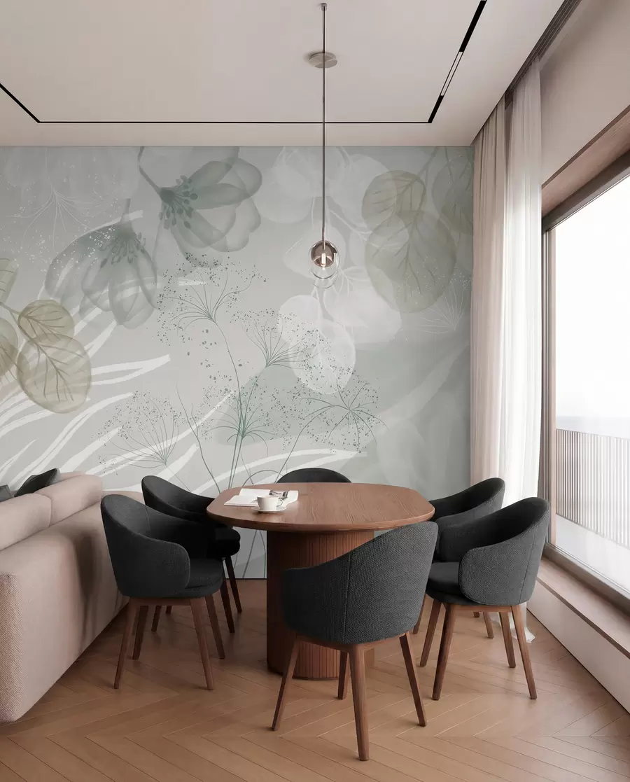 fototapet Elemente florale eucaliptus în nuanțe de verde și alb, cu frunze și petale suprapuse, în stil minimalist w08599v1