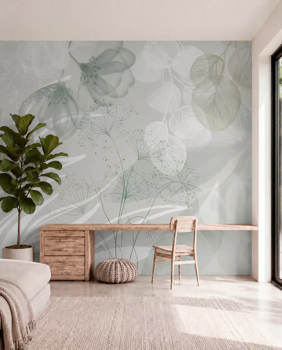 fototapet Elemente florale eucaliptus în nuanțe de verde și alb, cu frunze și petale suprapuse, în stil minimalist w08599v1