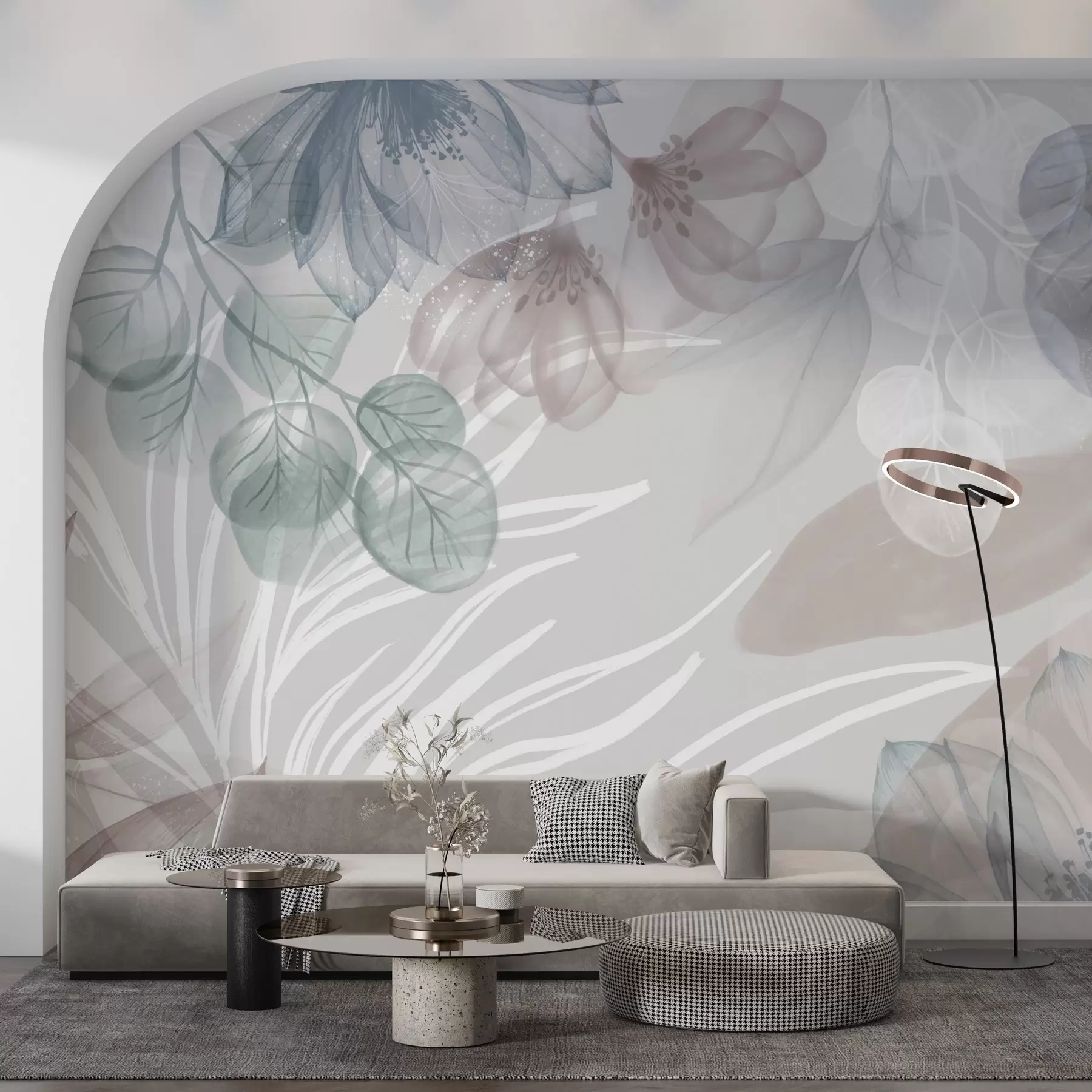 fototapet Imprimeu floral în culori pastelate cu flori și frunze abstracte mari transparente în nuanțe de gri, roz și verde w08600