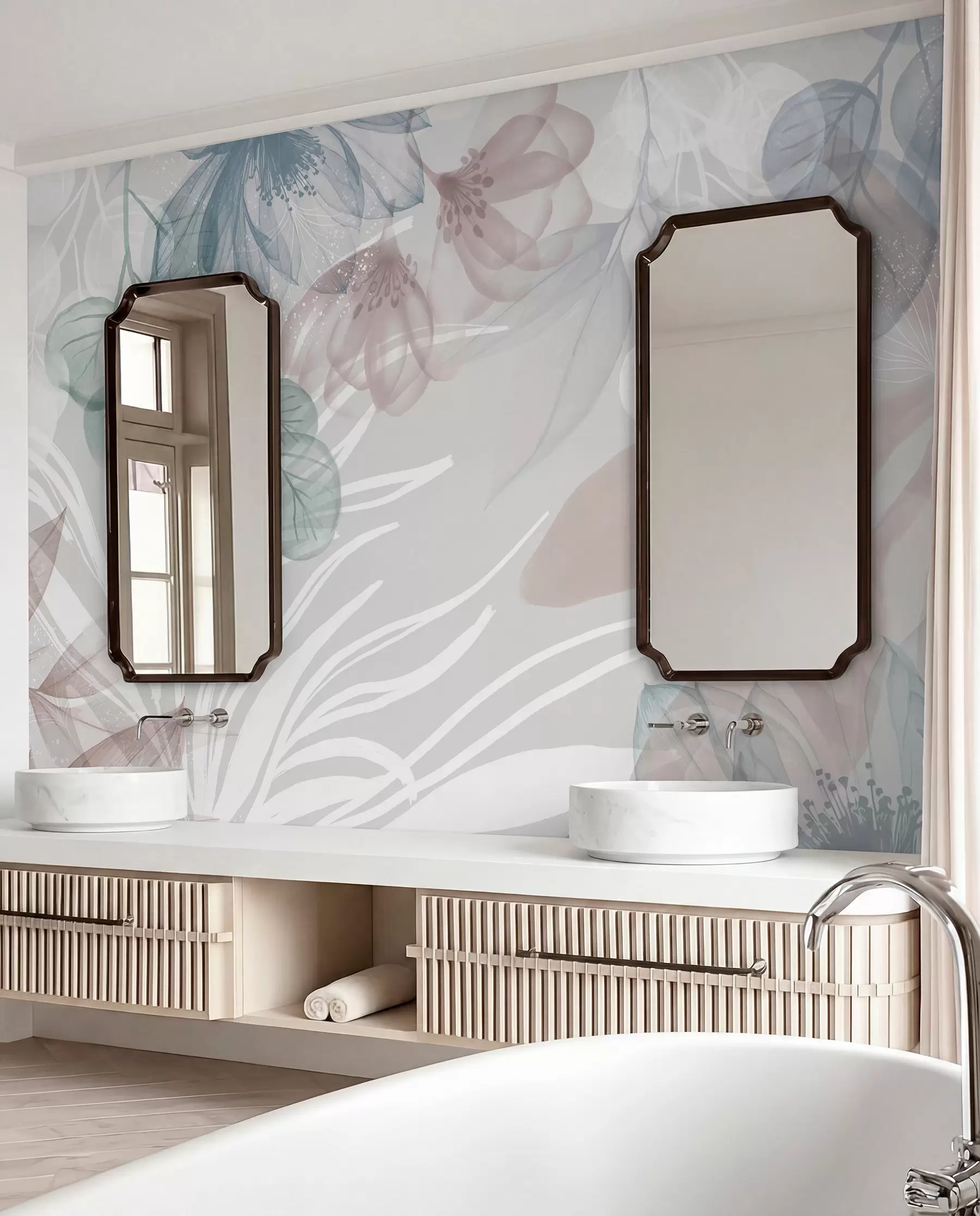 fototapet Imprimeu floral în culori pastelate cu flori și frunze abstracte mari transparente în nuanțe de gri, roz și verde w08600