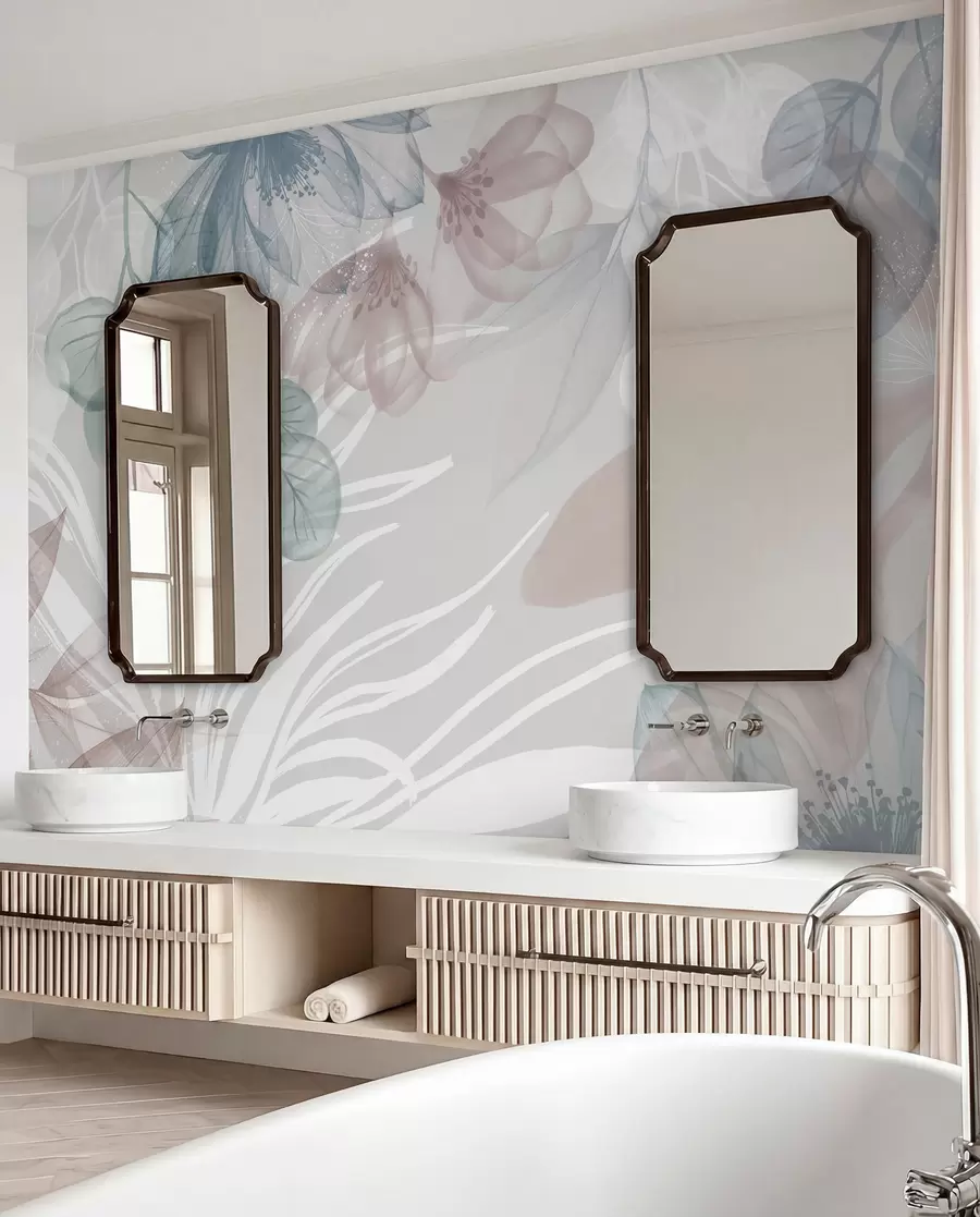 fototapet Imprimeu floral în culori pastelate cu flori și frunze abstracte mari transparente în nuanțe de gri, roz și verde w08600