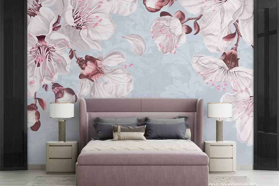 fototapet Un imprimeu floral cu flori mari de cireș roz și alb pe un fundal textural albastru deschis w08601