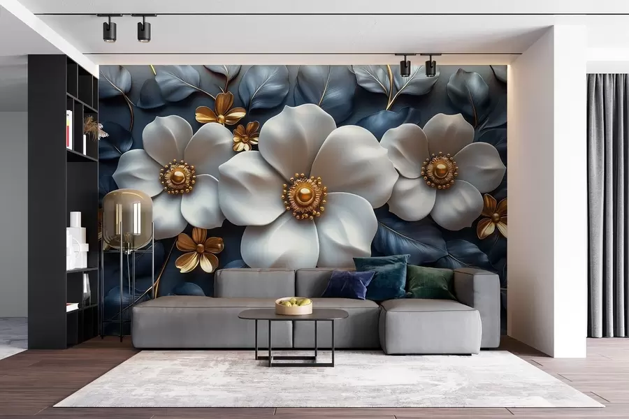 fototapet Flori albe mari pe un fundal albastru elegant cu frunze w08559