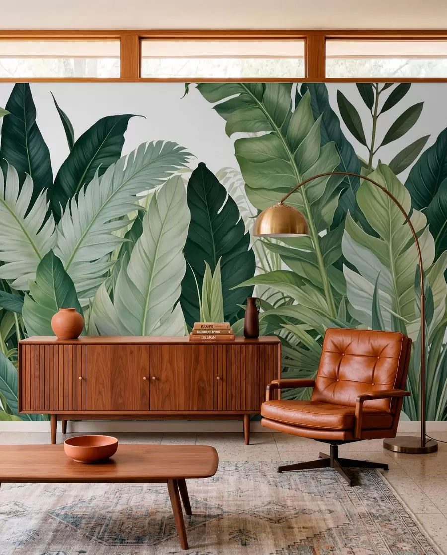 fototapet Frunze tropicale cu diverse frunze verzi mari, inclusiv frunze de bananier, frunze de palmier și alte specii de plante exotice w08609