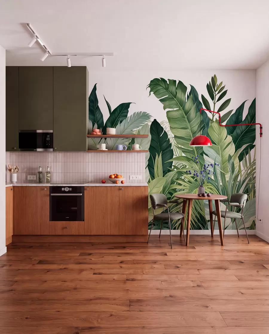 fototapet Frunze tropicale cu diverse frunze verzi mari, inclusiv frunze de bananier, frunze de palmier și alte specii de plante exotice w08609
